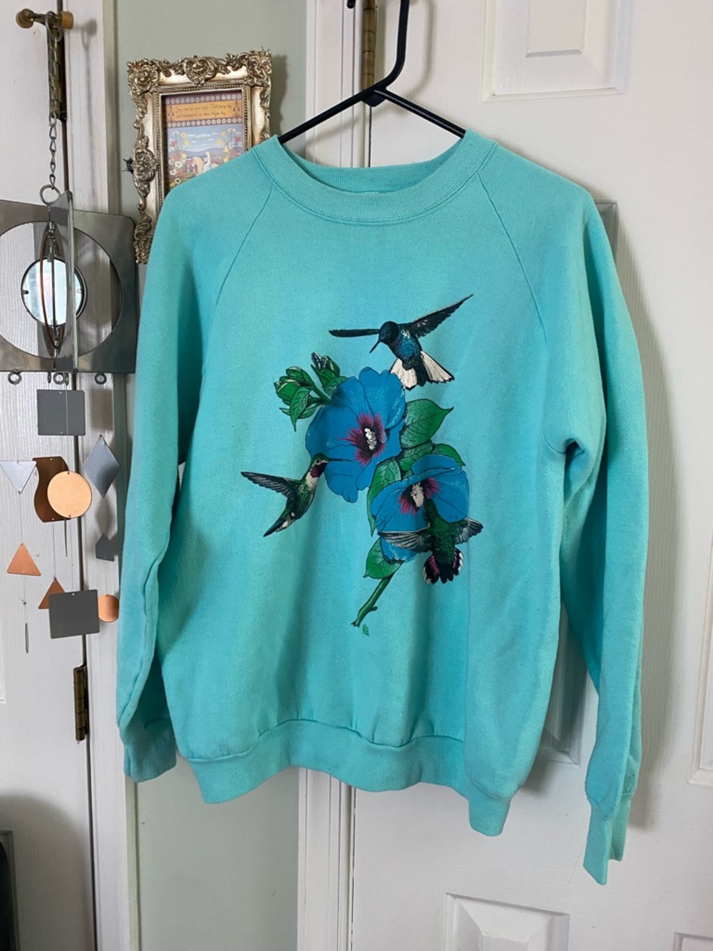Fruit of the Loom Turquoise Crewneck Sweatshirt with Hummingbird Floral Print